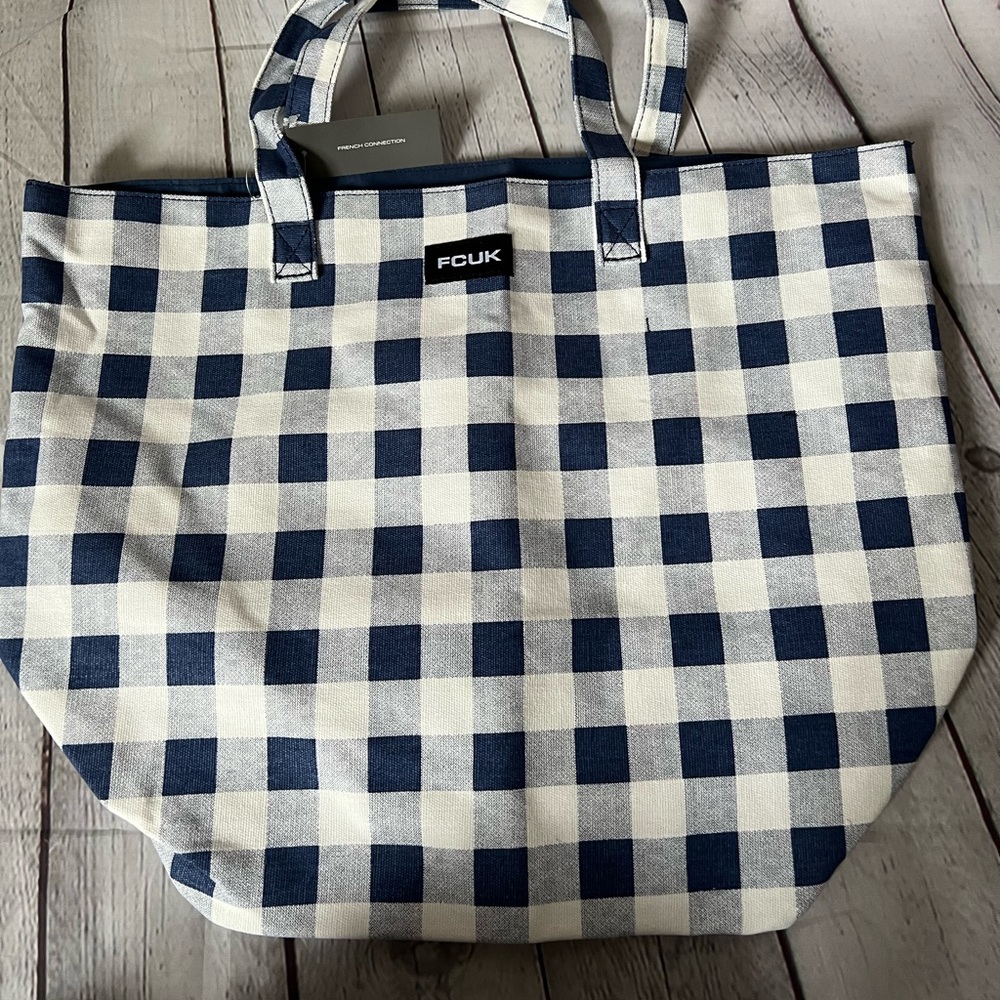 FCUK French connection canvas tote bag in blue and white gingham print